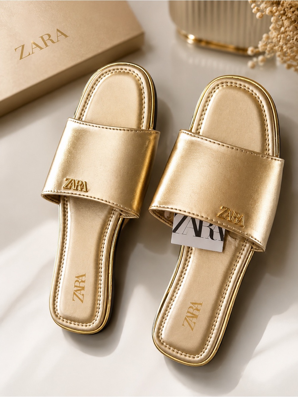 ZARA Metallic Gold Slide Sandals for Women